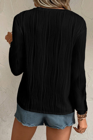 Textured Wavy Round Neck Long Sleeve Top - Black