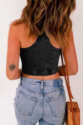 Ribbed Mineral Wash Racerback Cropped Tank Top - Black