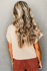 Patch Pocket Ribbed Knit Short Sleeve Sweater - Oatmeal