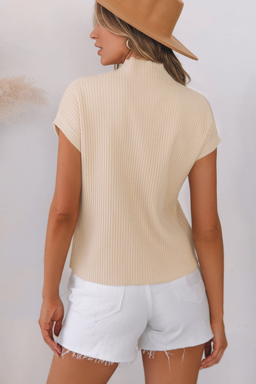 Patch Pocket Ribbed Knit Short Sleeve Sweater - Oatmeal