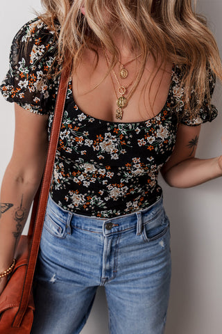 Floral Print U Neck Short Puff Sleeve Bodysuit - Black