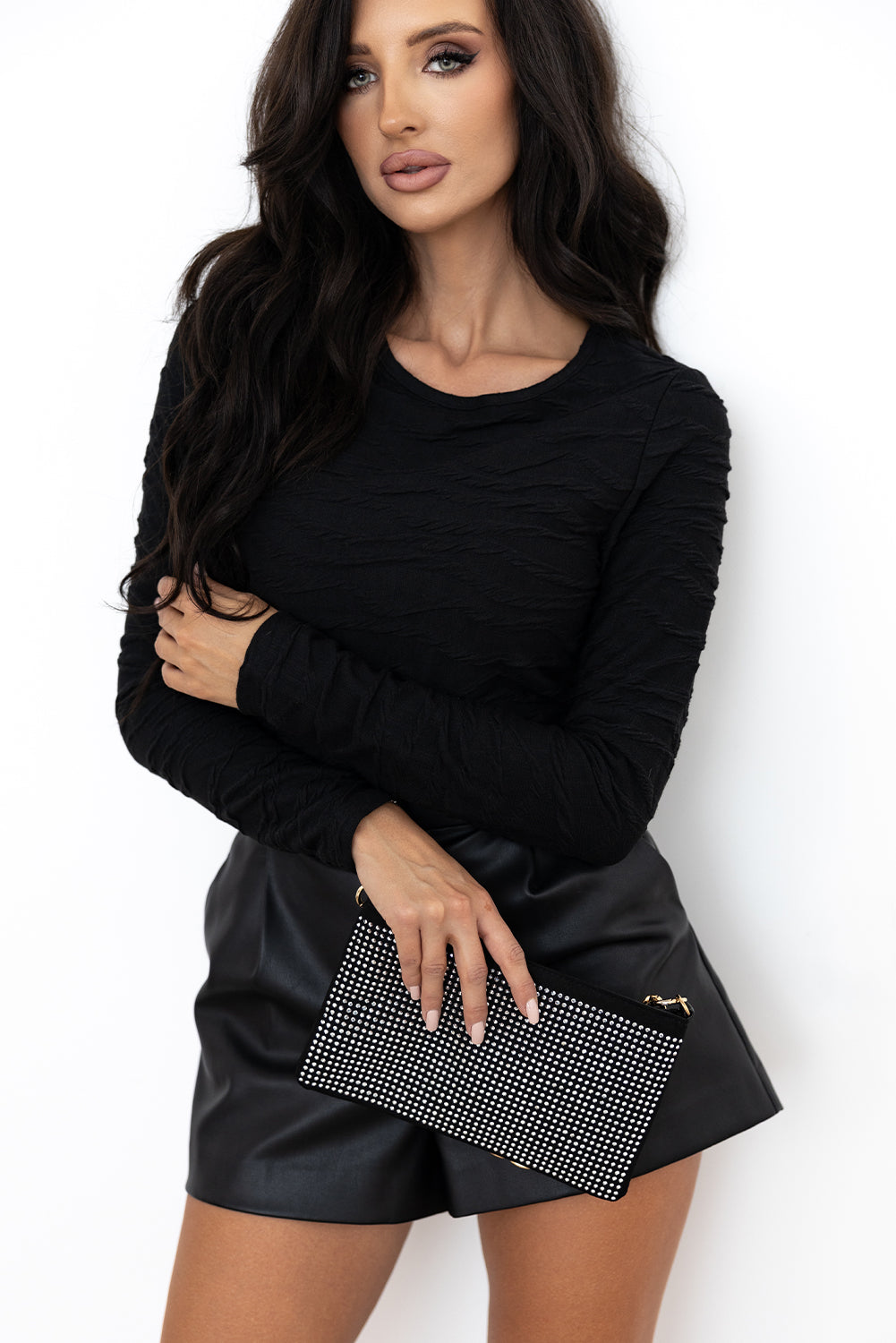Solid Wavy Textured Slim Fit Long Sleeve T Shirt - Black