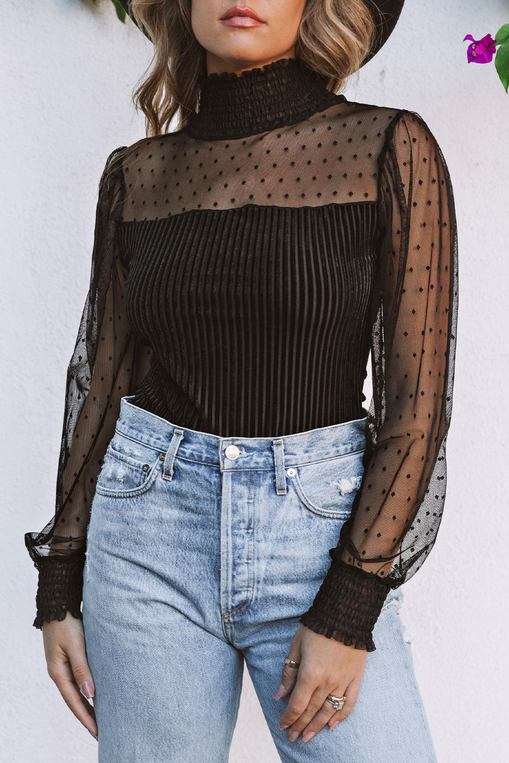 Sheer Dotty Long Sleeve Ribbed Velvet Bodysuit - Black