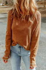 Textured Round Neck Long Sleeve Top - Brown