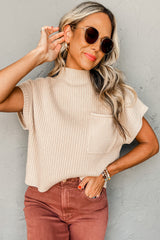 Patch Pocket Ribbed Knit Short Sleeve Sweater - Oatmeal