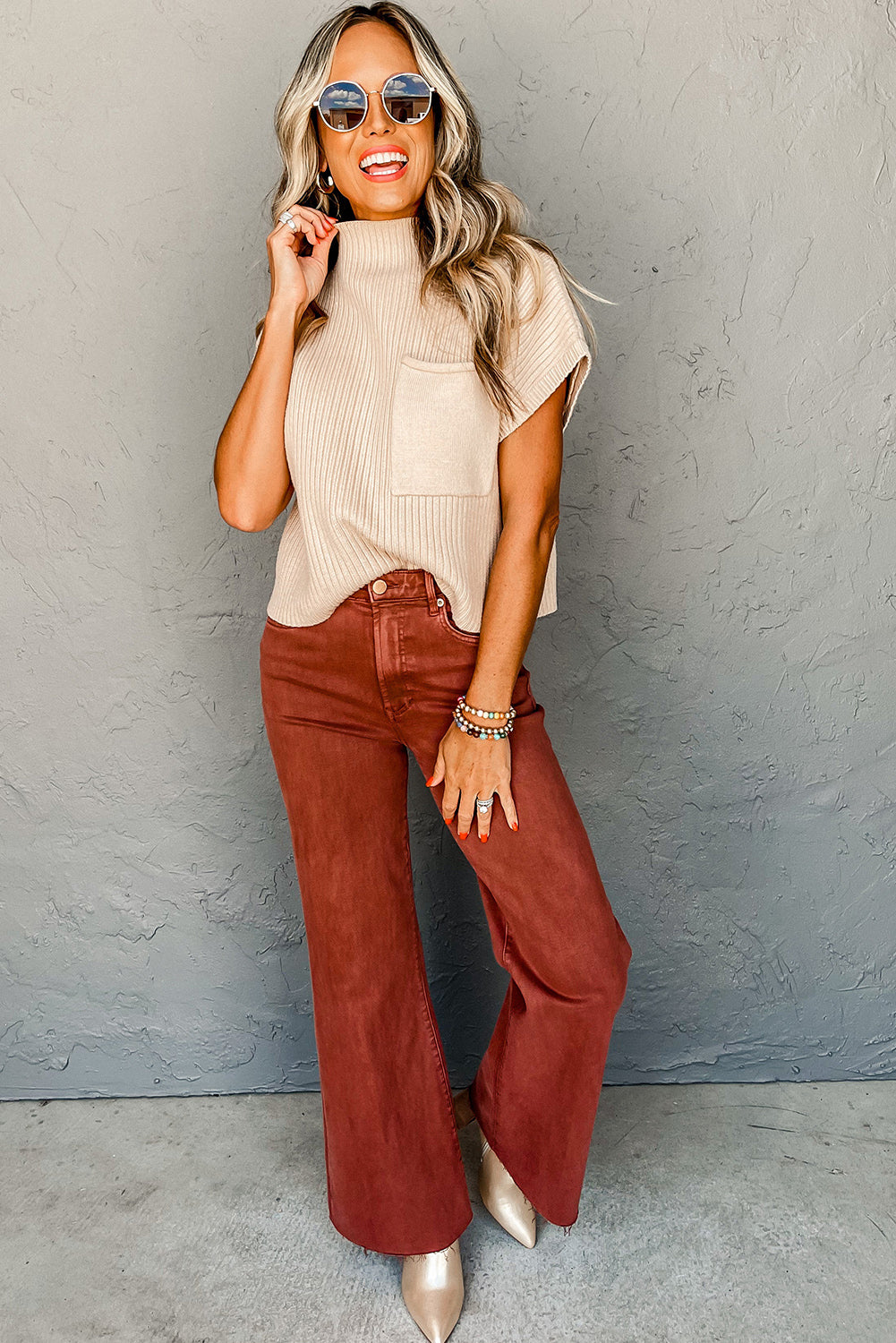 Patch Pocket Ribbed Knit Short Sleeve Sweater - Oatmeal