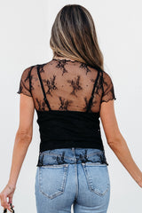 Floral Sheer Mesh Short Sleeve Mock Neck Blouse - Black