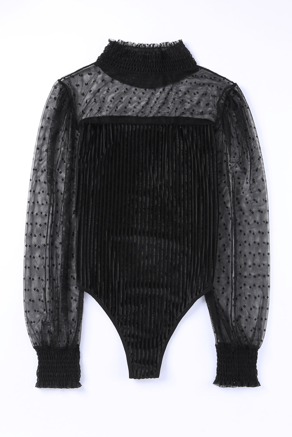 Sheer Dotty Long Sleeve Ribbed Velvet Bodysuit - Black