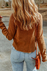 Textured Round Neck Long Sleeve Top - Brown