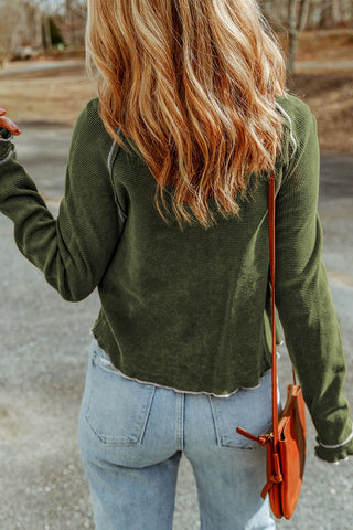 Textured Round Neck Long Sleeve Top - Green