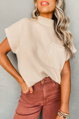 Patch Pocket Ribbed Knit Short Sleeve Sweater - Oatmeal