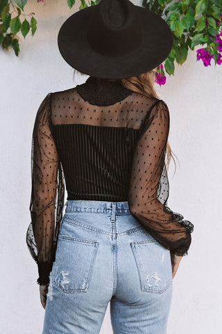 Sheer Dotty Long Sleeve Ribbed Velvet Bodysuit - Black