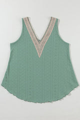 Mist Green Lace Crochet Splicing V Neck Loose Fit Tank Top