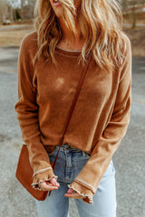 Textured Round Neck Long Sleeve Top - Brown