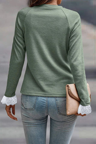 Green Seam Detail Lace Contrast Cuffs Raglan Sleeve Top