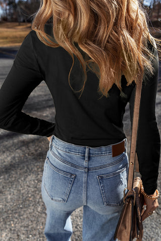 Long Sleeve Buttons V Neck Slim Fit Top - Black