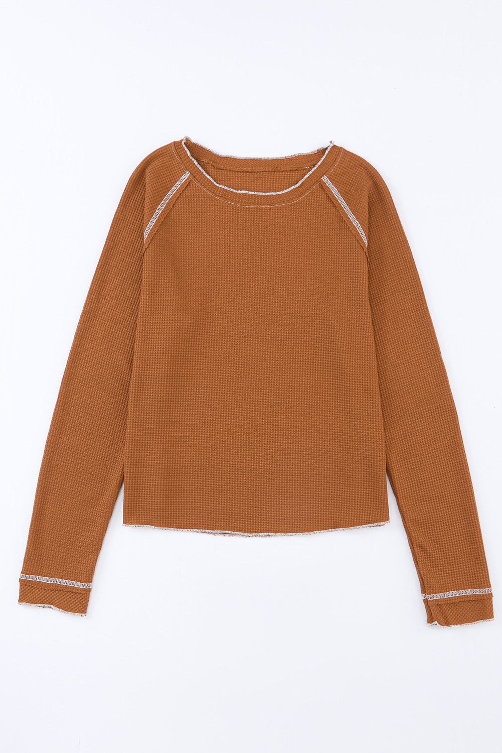 Textured Round Neck Long Sleeve Top - Brown