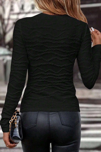 Solid Wavy Textured Slim Fit Long Sleeve T Shirt - Black