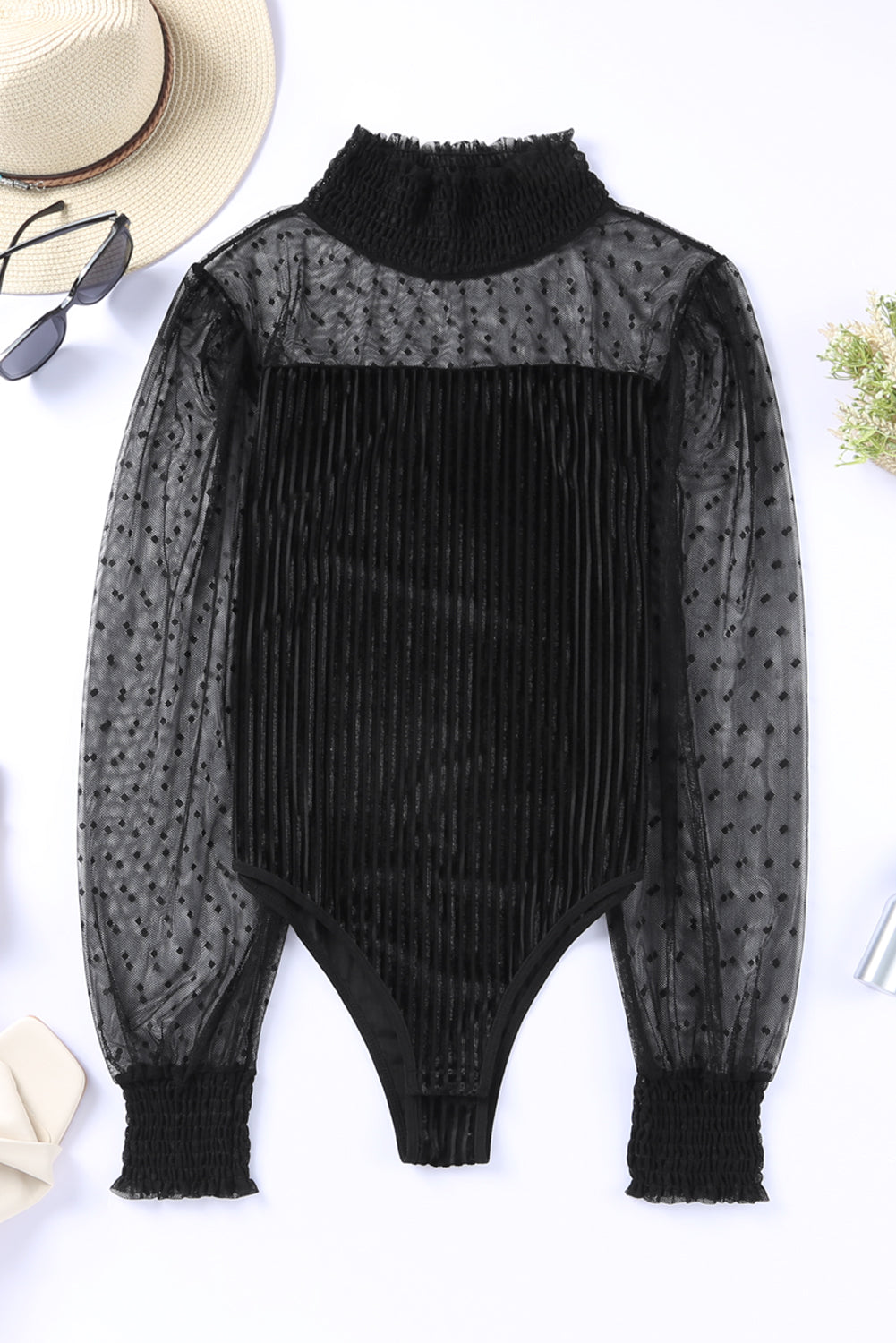 Sheer Dotty Long Sleeve Ribbed Velvet Bodysuit - Black