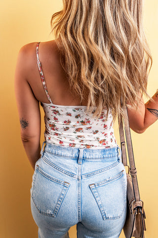 Floral V Cut Frilled Trim Spaghetti Straps Bodysuit - White