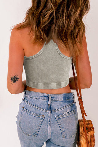 Ribbed Mineral Wash Racerback Cropped Tank Top - Light Grey